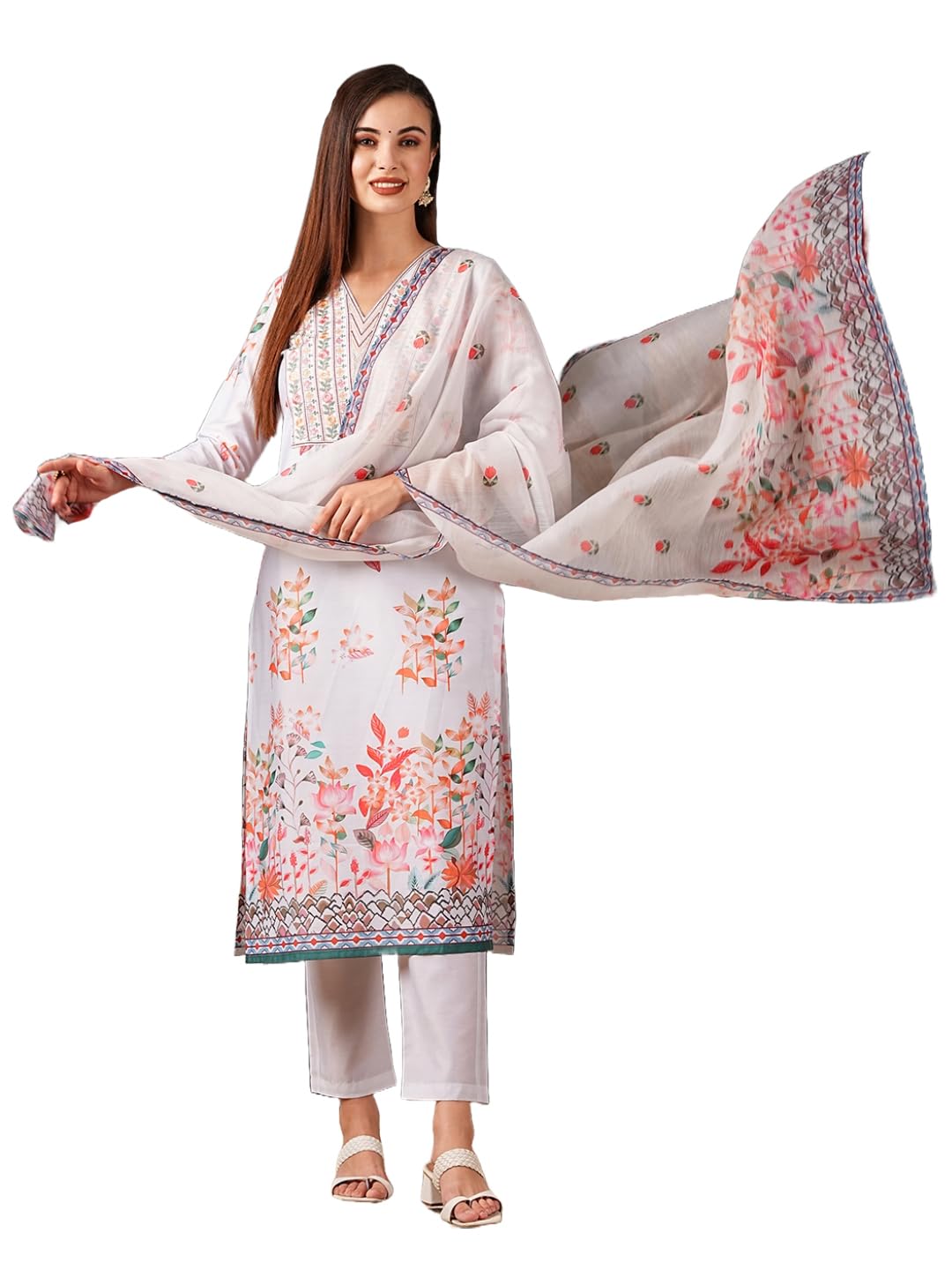 Anni Designer Women'S Cotton Blend Straight Printed Kurta With Pant & Dupatta (Try Cream_Xxl_Cream_Xx-Large),Cream,2XL,,,