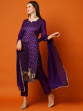 Anni Designer Women'S Cotton Blend Straight Embellished Kurta With Pant & Dupatta (Jodha Violet_L_Violet_Large),Violet,L,Cotton Blend,Regular,