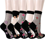 Nicsy Ankle Sheer Socks Silky Floral Printed Transparent Mesh Sock 5 Pairs