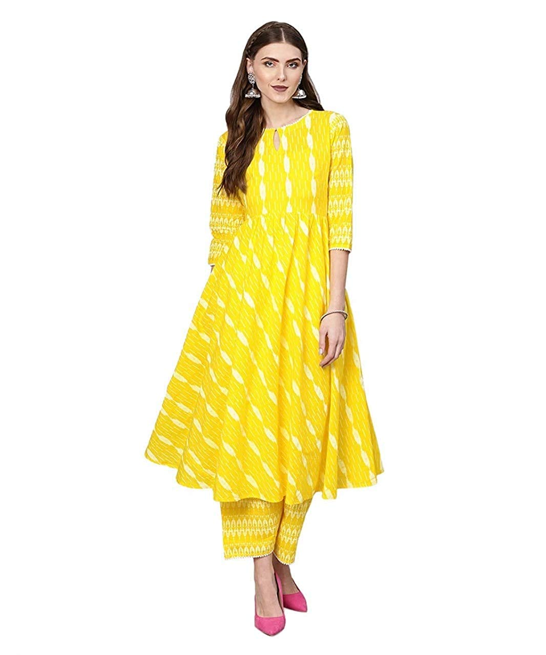 Anni Designer Women'S Cotton A-Line Kurta With Pant (Yellow Xxl),Yellow,2XL