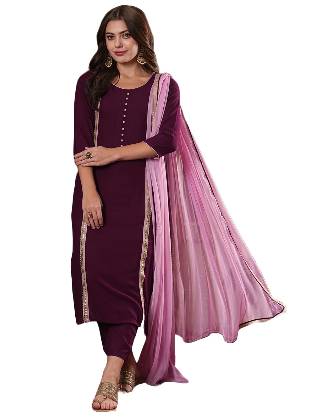 Anni Designer Women'S Cotton Blend Straight Solid Kurta With Pant & Dupatta (Dhulipala Wine_Xxl_Wine_Xx-Large),Wine,2XL,,,