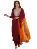 Anni Designer Women'S Cotton Blend Straight Embroidered Kurta With Pant & Dupatta (Chatterjee Maroon_S_Maroon_Small),Maroon,S,,,