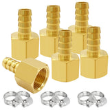 Uenede 6PCS Brass Hose Barb Fittings 1/4 NPT Female to 1/4 Barb Adapter Connector Include 6 Stainless Steel Clamps for Water/Oil