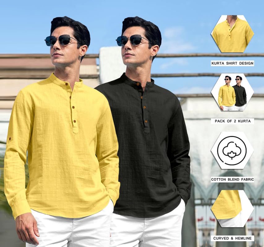 Royalscout Combo Of Men'S Solid Cotton Blend Full Sleeve Straight Kurta Shirt (Pack Of 2) Yellow-Black