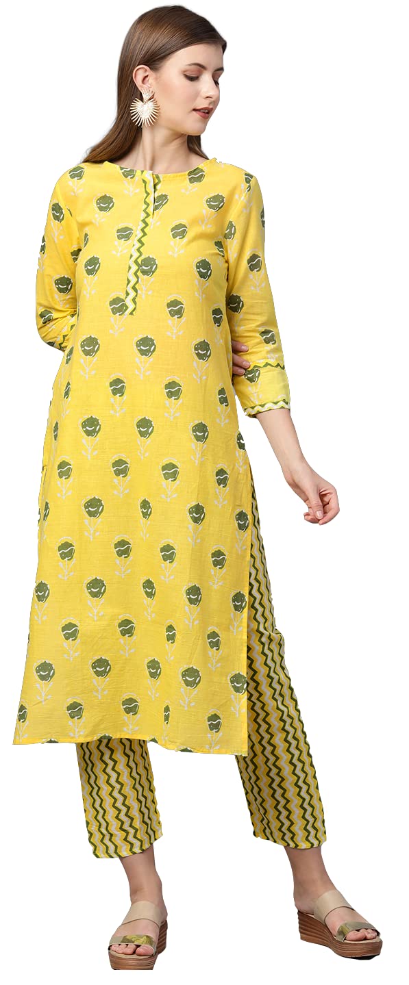 Anni Designer Women'S Cotton Straight Kurta With Pant (Ati_Yellow_L_Yellow_Large),Yellow,L