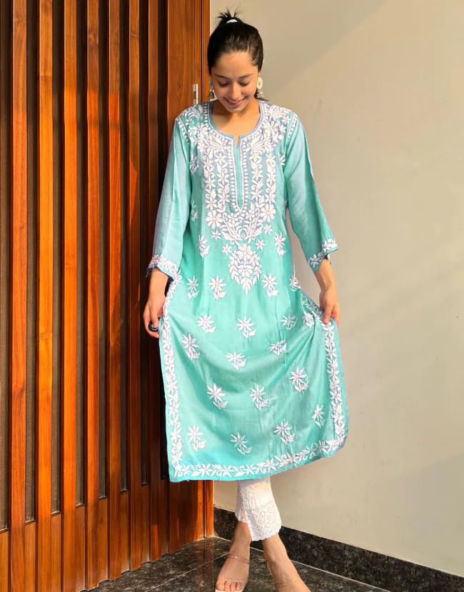 Anni Designer Women'S Cotton Blend Chikankari Embroidered Straight Kurta (Marich See Green_S_See Green_Small),See Green,S,Cotton Blend,Regular,