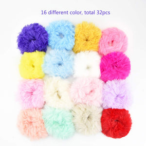 jiebor 32PCS Faux Fur Scrunchies and Hair Accessories for Women - Fuzzy Hair Ties, Bands, Ropes, Wristbands, Rings for Ponytail