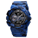 Skmei Sport Dual Time Display Analog-Digital Watch, Black Dial Abs Pu Case Men'S Watch, Pu Soft Rubber Blue Camouflag Color Band