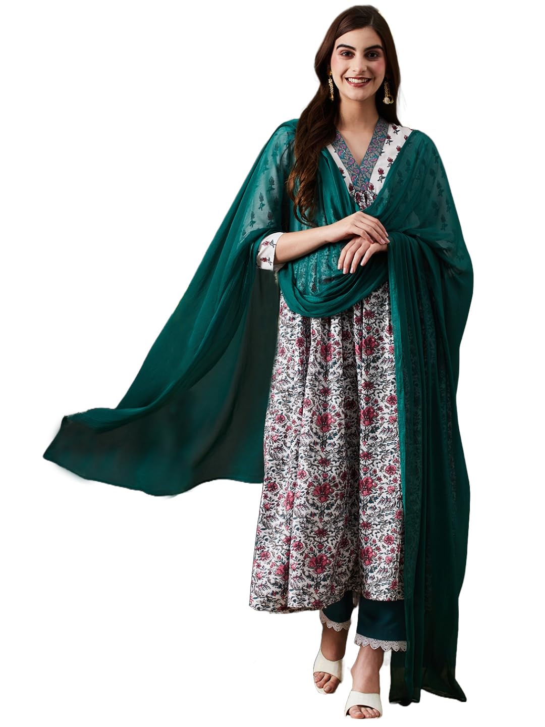 Gosriki Women'S Cotton Blend Anarkali Printed Kurta With Pant & Dupatta (Toki White-Gs_S_White_Small),White,,B0CNXVF1ZY