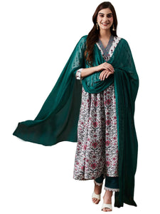 Gosriki Women'S Cotton Blend Anarkali Printed Kurta With Pant & Dupatta (Toki White-Gs_S_White_Small),White,,B0CNXVF1ZY