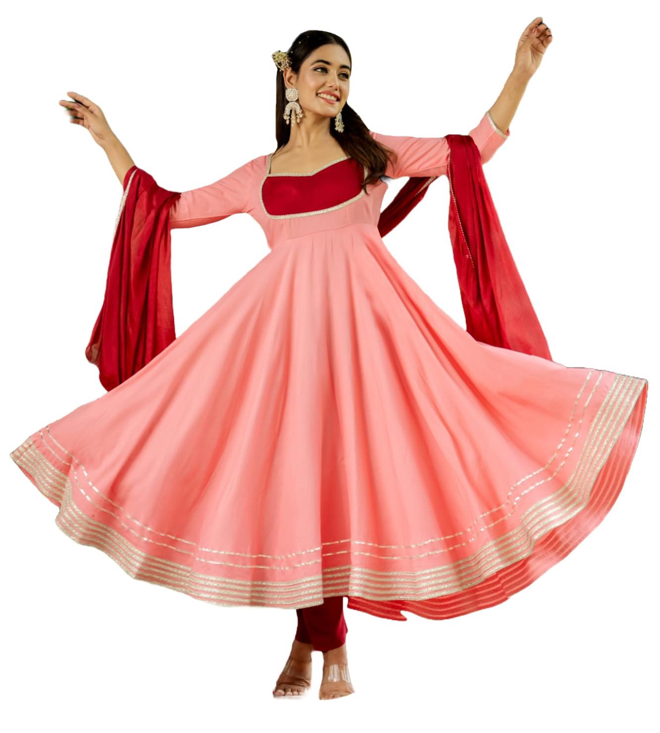 Anni Designer Women'S Rayon Viscose Solid Anarkali Kurta With Pant & Dupatta (Kuspari Peach_S_Peach_Small),Peach,S,,,