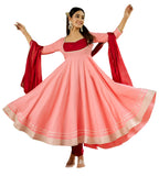 Anni Designer Women'S Rayon Viscose Solid Anarkali Kurta With Pant & Dupatta (Kuspari Peach_S_Peach_Small),Peach,S,,,