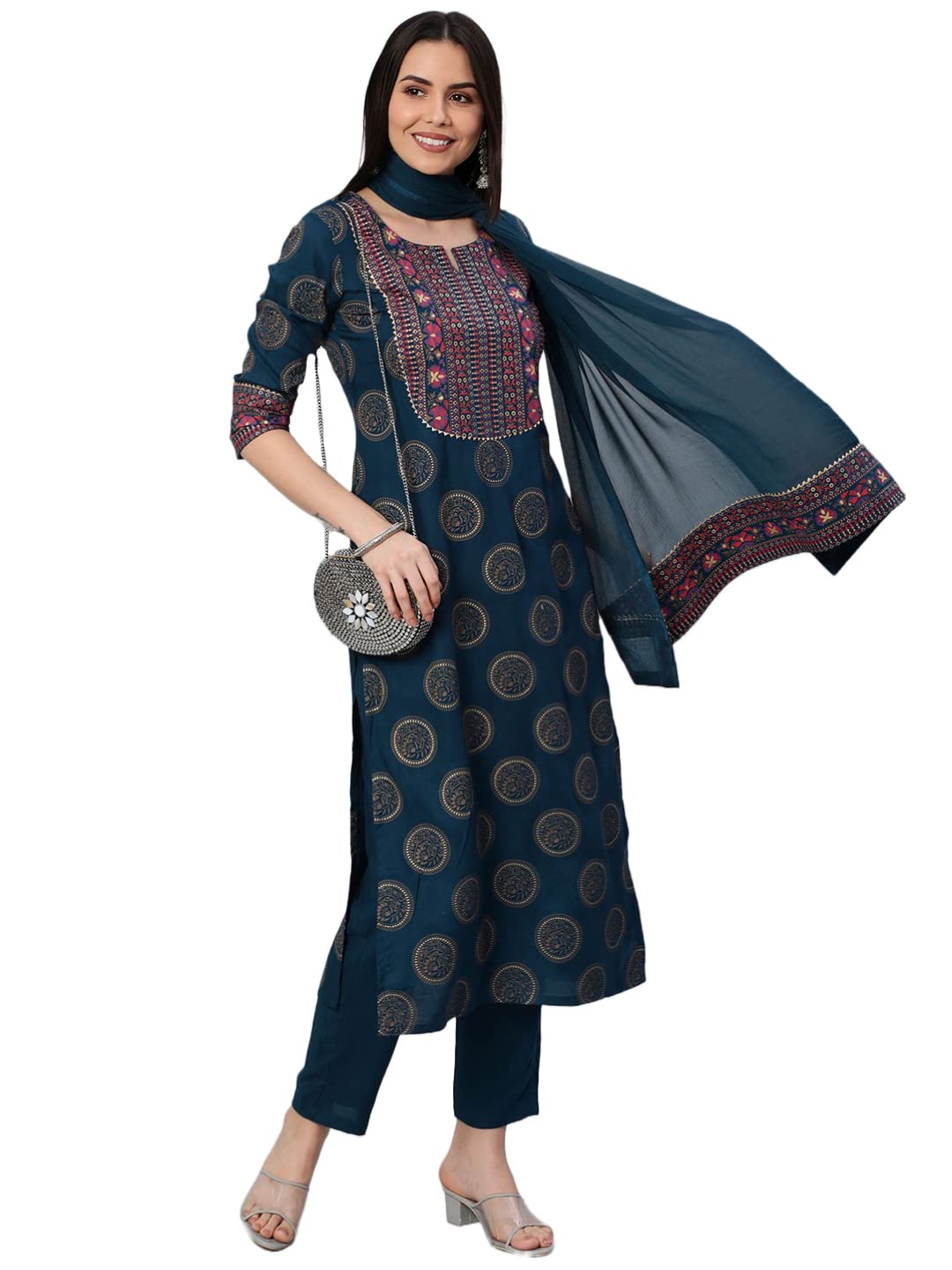 Gosriki Women'S Cotton Blend Printed Straight Kurta With Pant & Dupatta (Nov-Rama-Nw-Gs_M_Rama_Medium),Blue,,B0BY5DZHHJ