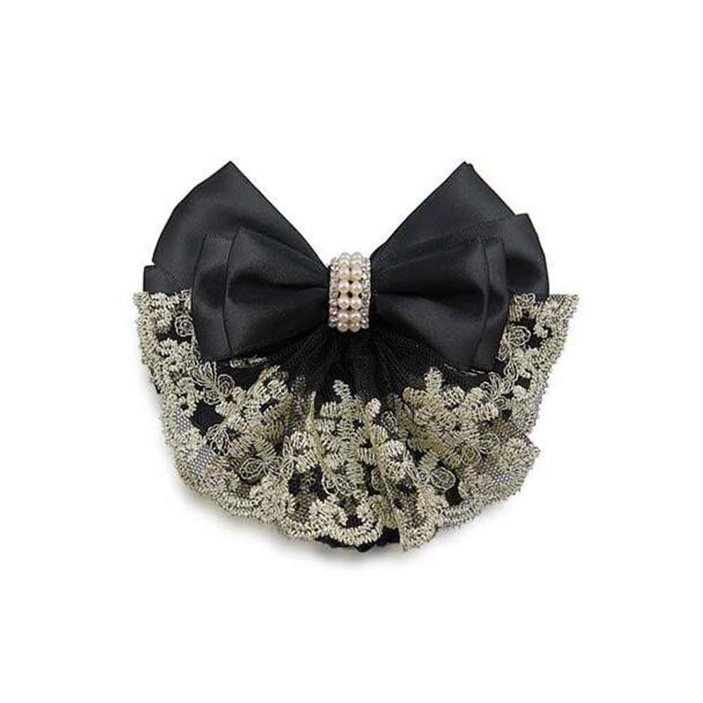 2Pcs Professional Hair Bun Cover Snood Hairnet Bowknot with Lace Pearl Crystal Decoration Barrette Hair Clip Hair Accessories fo