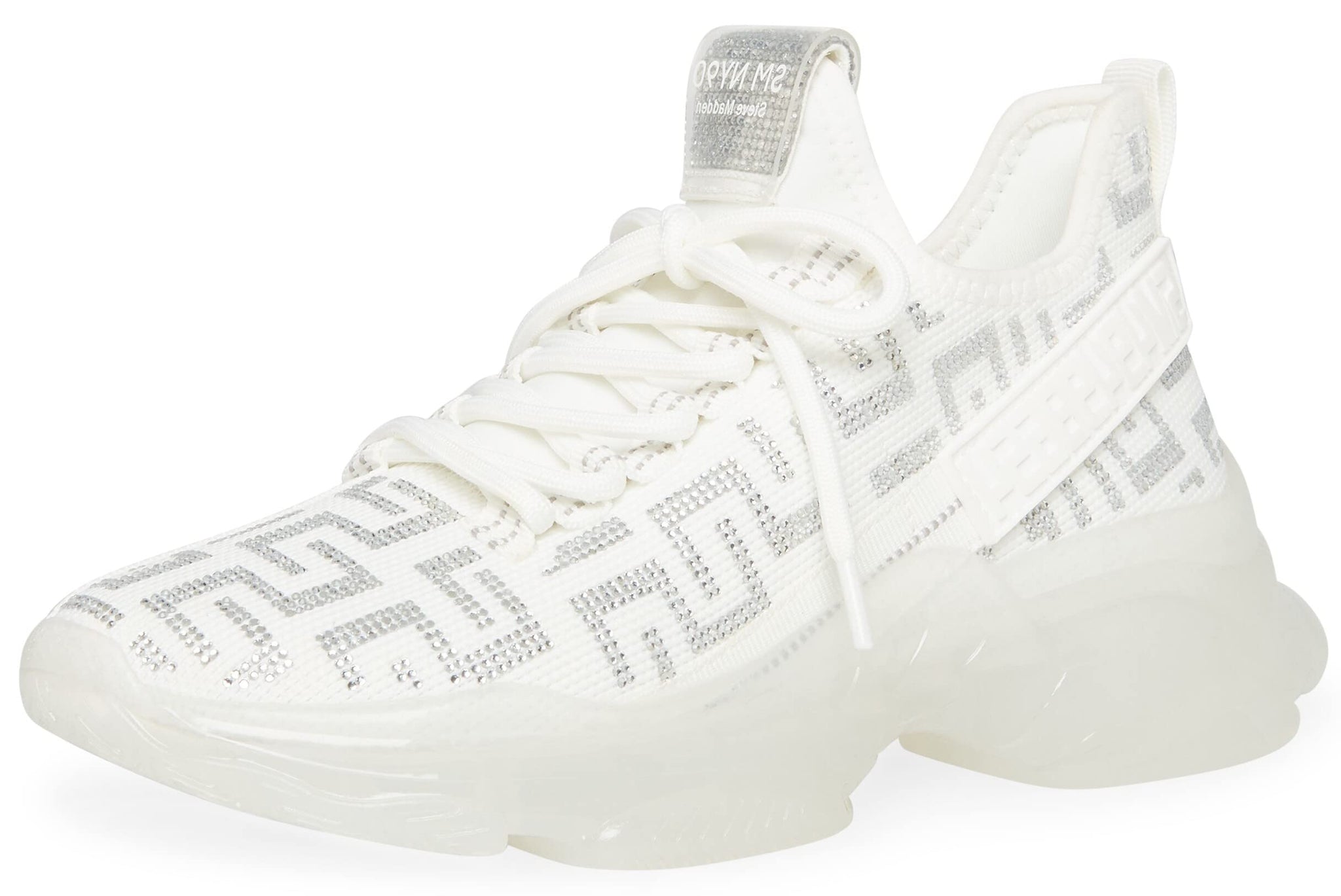 Steve Madden Maxima Sneakers Women Lace Up Rhinestone Chunky Low Top Knit Runner (White/Silver, 6)