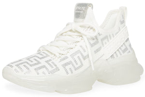 Steve Madden Maxima Sneakers Women Lace Up Rhinestone Chunky Low Top Knit Runner (White/Silver, 6)