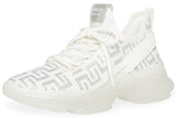 Steve Madden Maxima Sneakers Women Lace Up Rhinestone Chunky Low Top Knit Runner (White/Silver, 6)