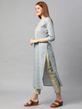 Anni Designer Women'S Cotton Blend Traditional Straight Printed Kurta And Pant Set (Mikaa Grey_S_Grey_Small),Grey,S,Cotton Blend,Regular,Pants