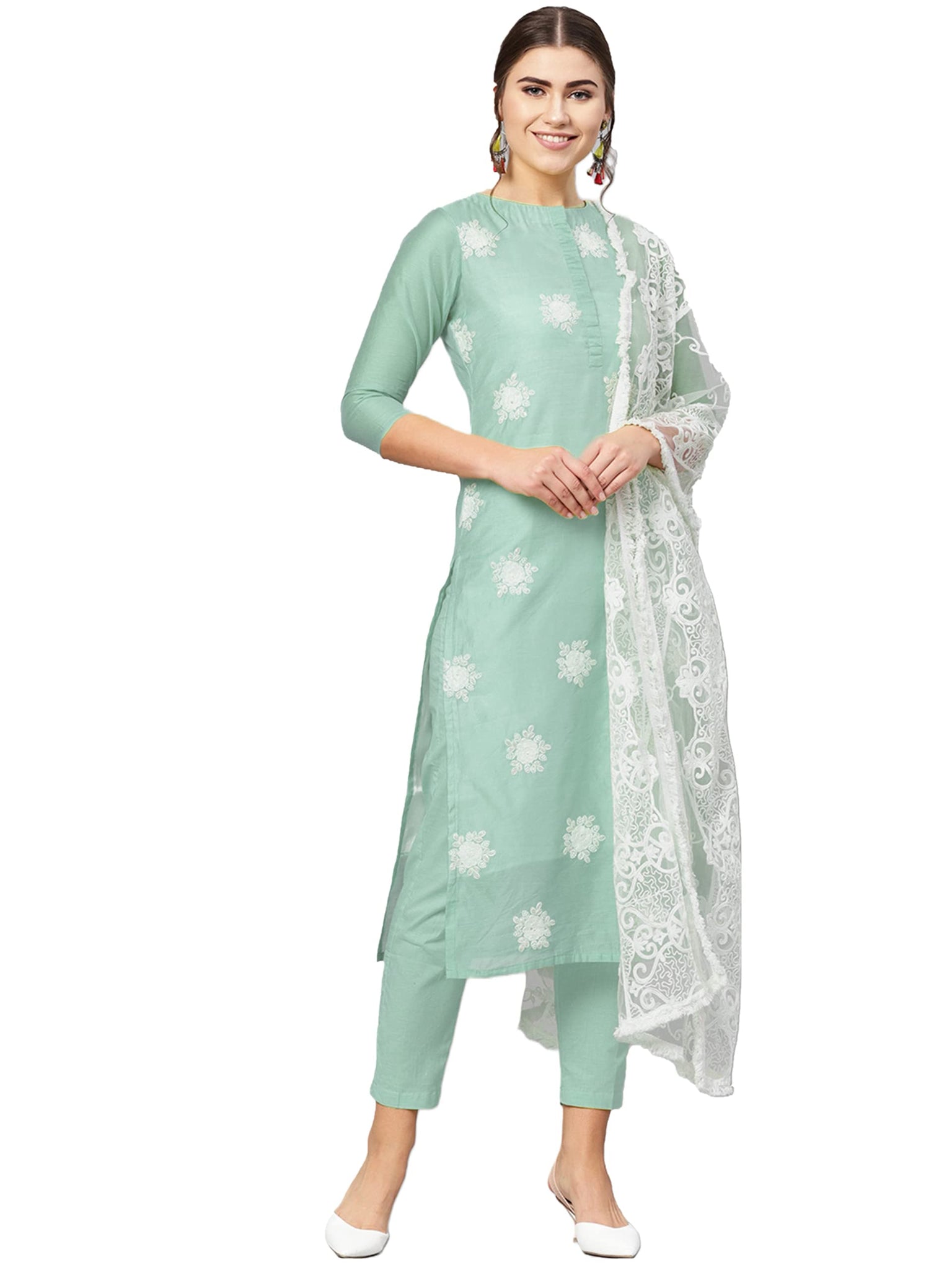 Gosriki Women'S Cotton Blend Straight Embroidered Kurta With Pant & Dupatta (Enter-Pista Green-Jan02-Gs_Xxl_Pista Green_Xx-Large),Pista Green,2,B0BSR2MN57