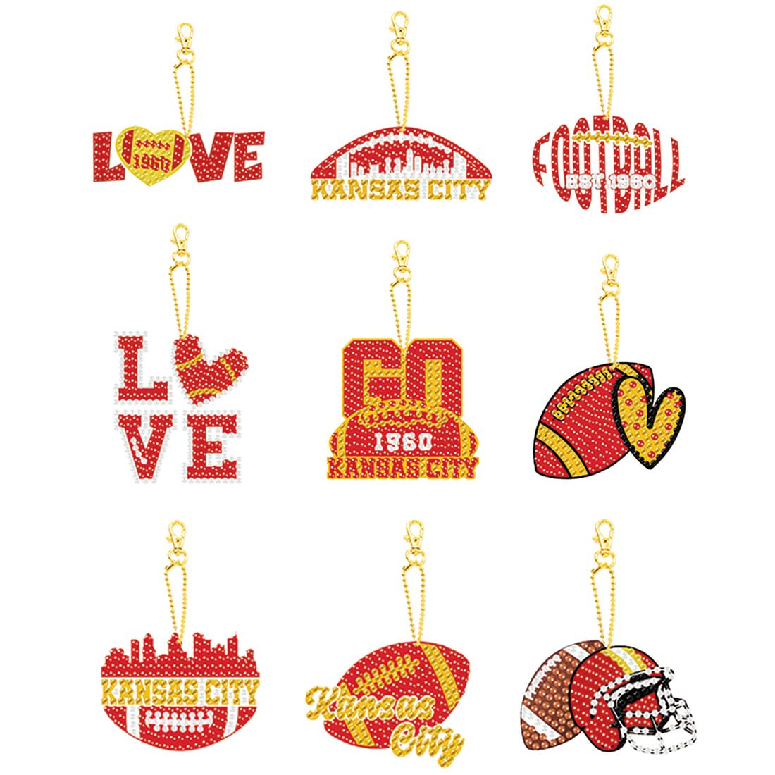 Rertcioph 9 Pcs Football Diamond Painting Kits DIY Double Sided Diamond Art Keychains Hanging Ornament Kits Fans Gift for Kansas
