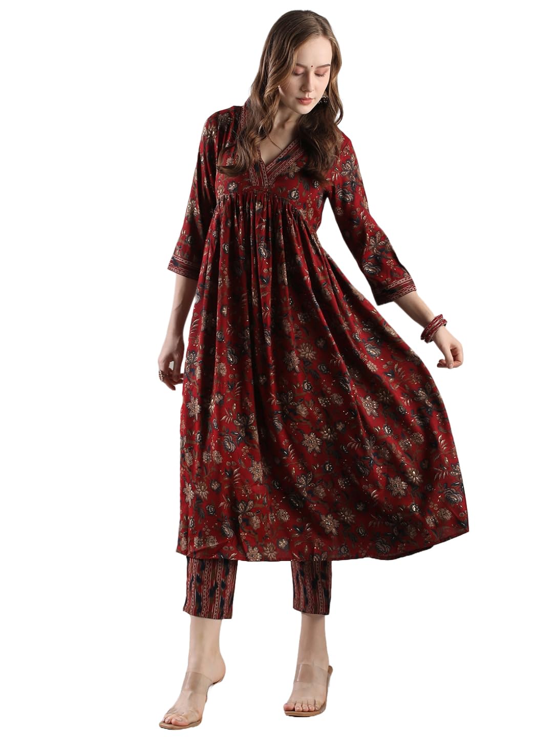 Anni Designer Women'S Rayon Blend Anarkali Printed Regular Fit Kurta With Pant (Gunba Maroon_Xxl_Maroon_Xx-Large),Maroon,2XL