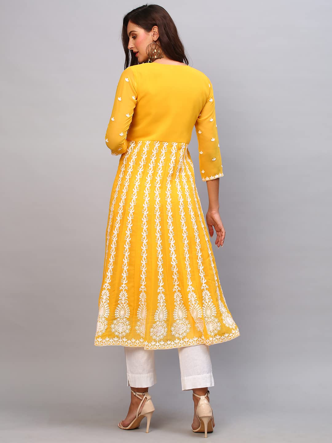 Anni Designer Women'S Georgette Chikankari Embroidered Anarkali Kurti (Naav Yellow-Nw1_M_Yellow_Medium),Yellow,M,Georgette,Anarkali,Kurti