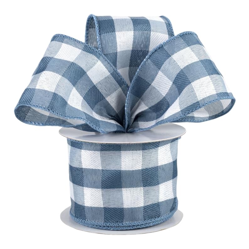 Meseey Royal Blue Buffalo Check Burlap Ribbon with Wired Edges - 2.5 x30ft Plaid Jute Ribbon for Rustic Weddings, Christmas Wrea