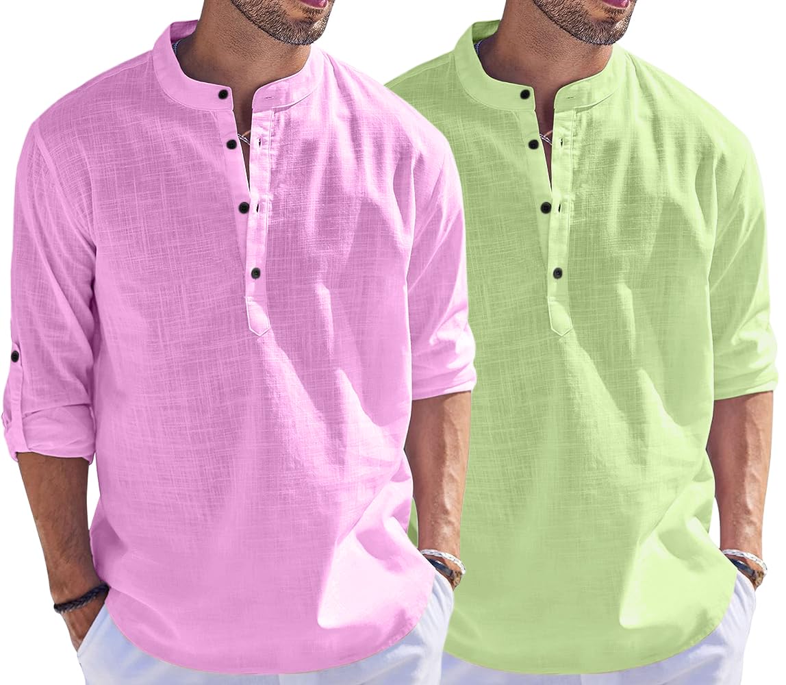 Bellstone Men'S Cotton Blend Solid Regular Dress Shirt (Kurta1500_Combo_L Pink & L Green_M Light