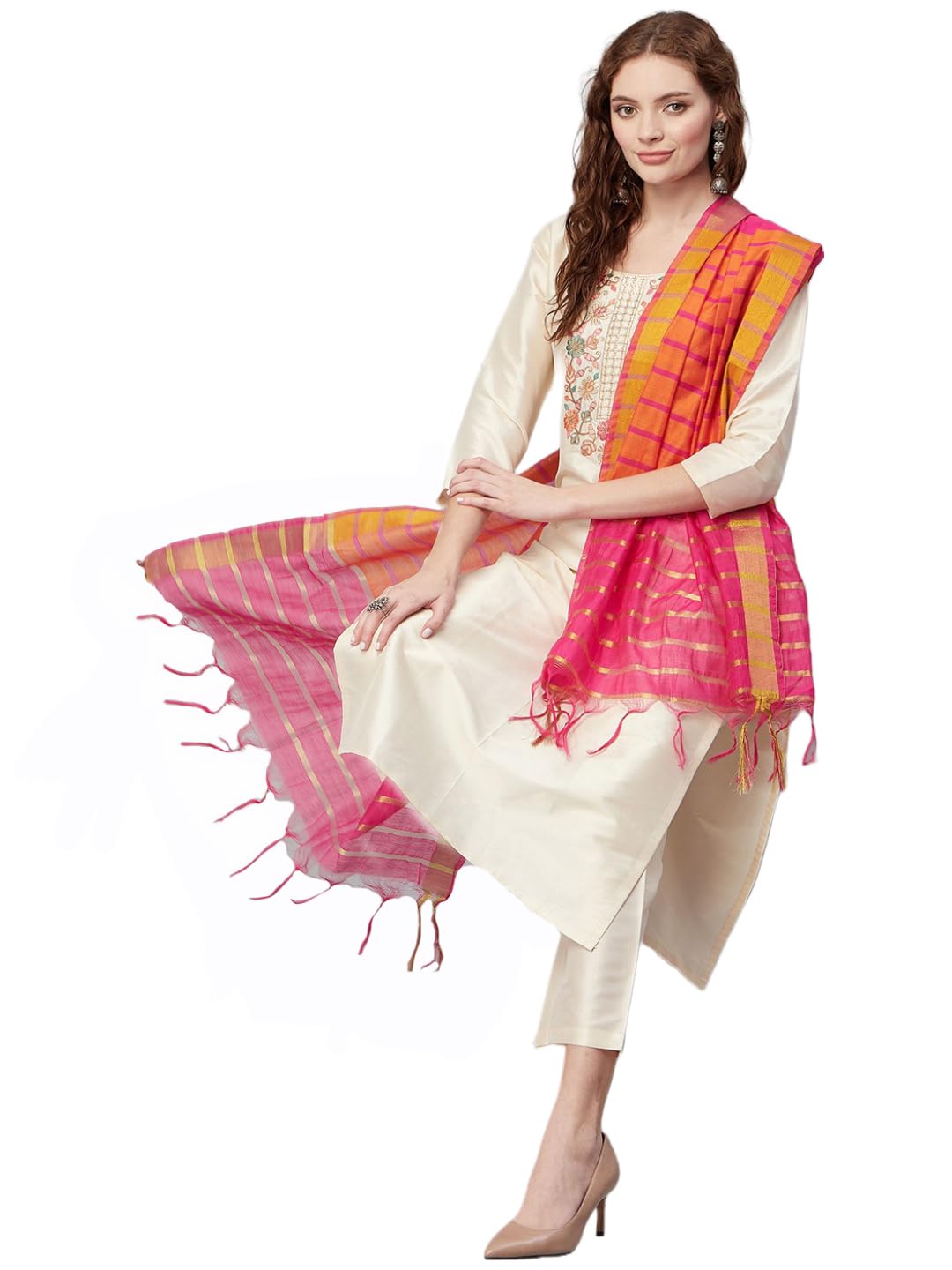 Gosriki Women'S Cotton Blend Embroidered Straight Kurta With Pant & Dupatta (Libra-Beige-Gs_S_Beige_Small),Beige,,B0CFM1ZSHK