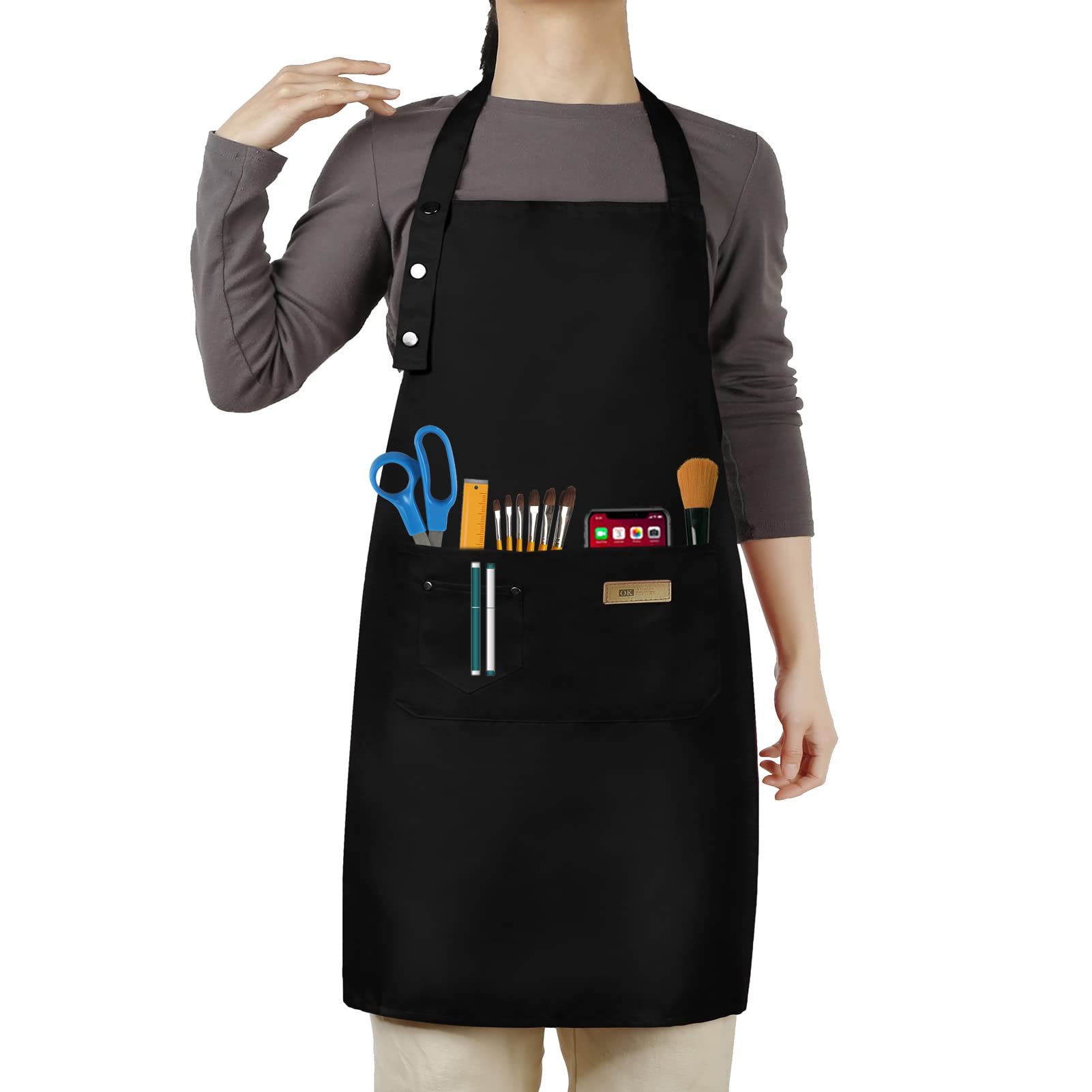 Hongsome Artist Apron,Paint Garden Pottery Teacher Painting Aprons for Adults Women 3 Pockets, Adjustable Bib Apron for Art Gard