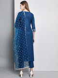 Anni Designer Women'S Cotton Blend Embroidered Straight Kurta With Pants & Dupatta (Kurupam-Cersoin_L_Dark Blue_Large),Dark Blue,L,,,