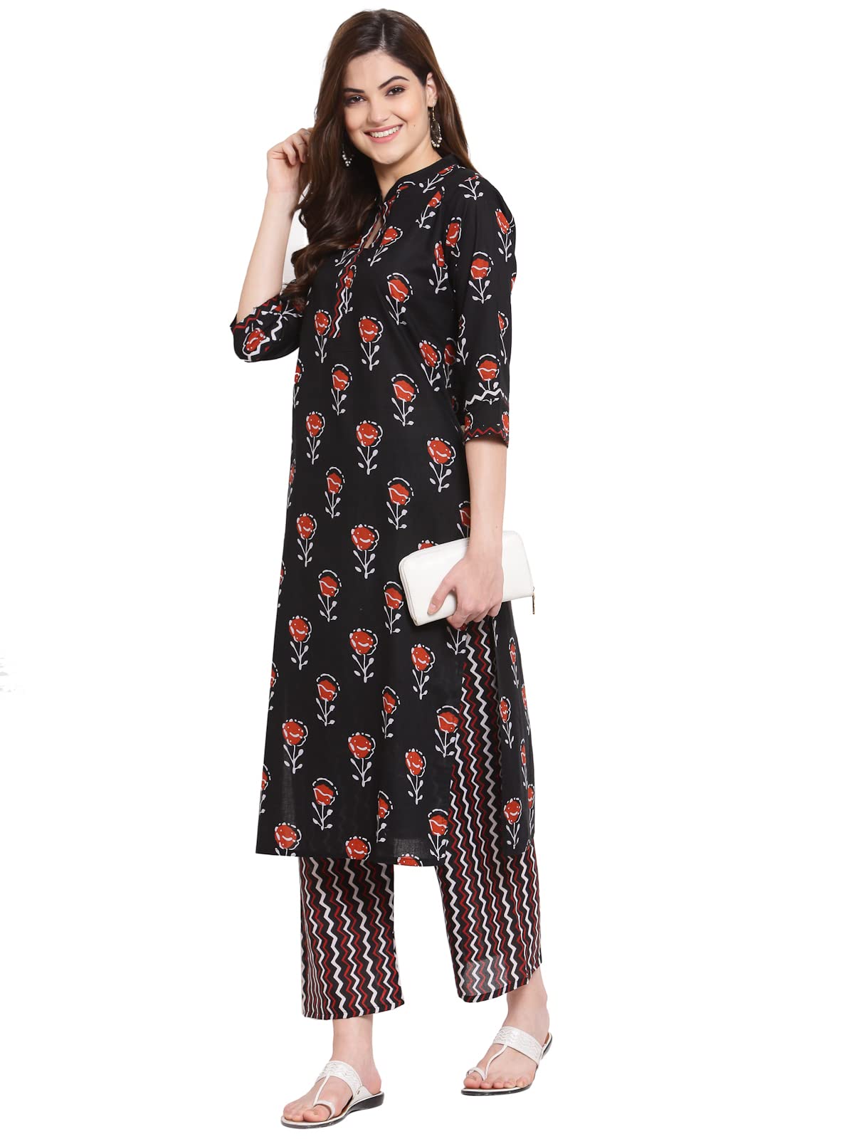 Anni Designer Women'S Cotton Straight Kurta With Pant (Kpt-Cot-10032-Black_Xxl_Black_Xx-Large),Black,2XL