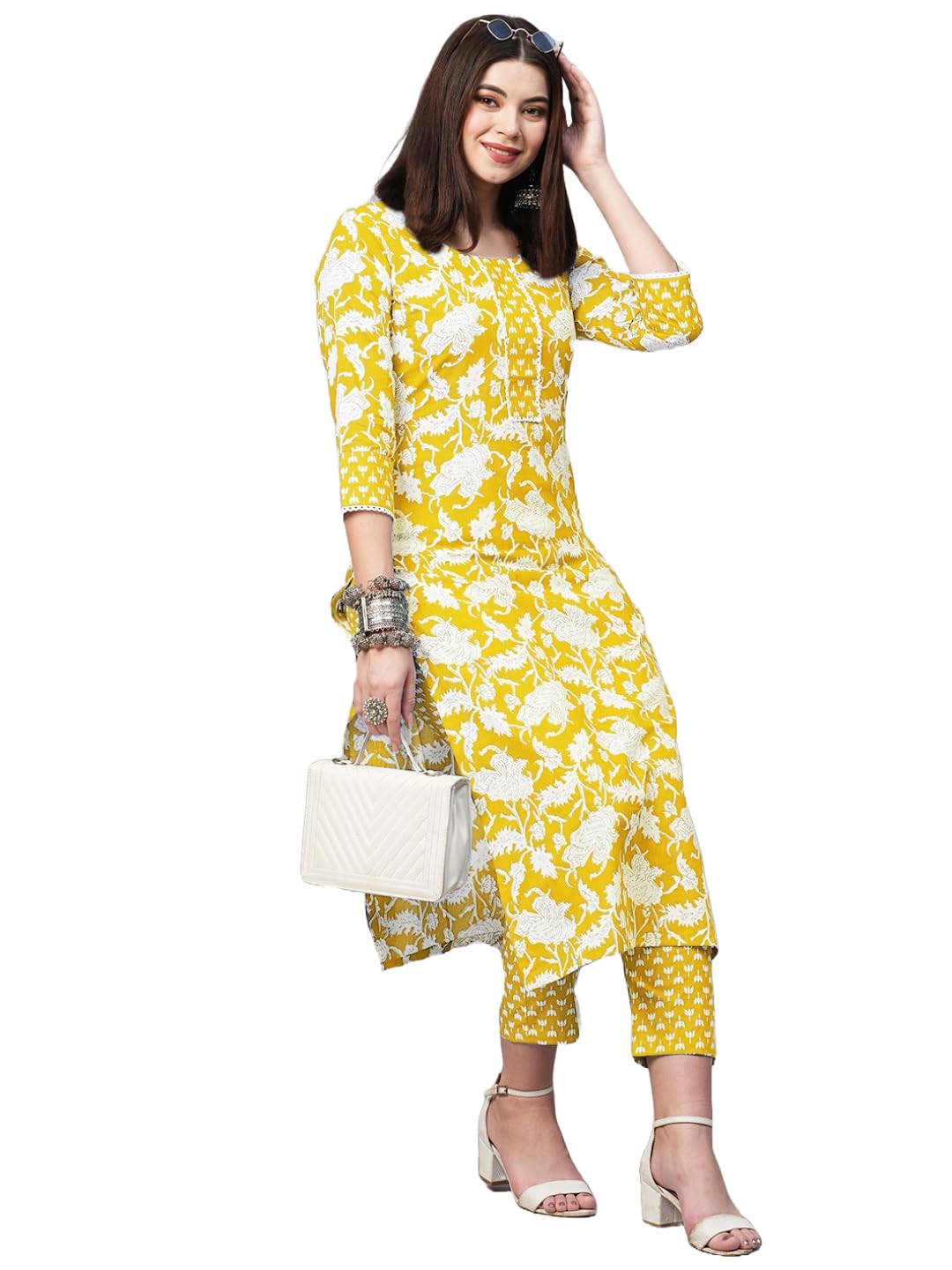 Gosriki Women'S Cotton Blend Printed Straight Kurta With Pant (Pustak Yellow-Gs_S_Begani_Small),Yellow,,B0D9WF37J5