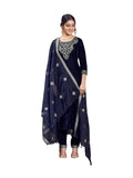 Sanisa Ladies Velvet Embroidered Straight Kurta with Trousers and Embroidered Dupatta, Navy blue, Medium