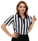 ChinFun Official Referee Costume Shirt Women's Ref Shirt Zipper Collared Black and White Stripe Umpire Jersey Shirt for Basketba