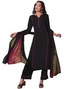 Anni Designer Women'S Rayon Viscose Straight Solid Kurta With Pant & Dupatta (Nanad Black-Vks01_Xl_Black_X-Large),Black,XL