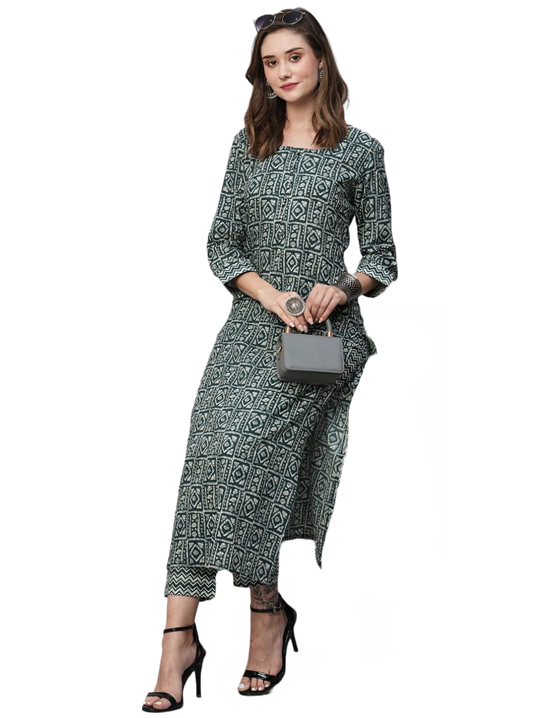 Anni Designer Women'S Cotton Blend Straight Printed Kurta With Pant (Yami Green_L_Green_Large),Green,L