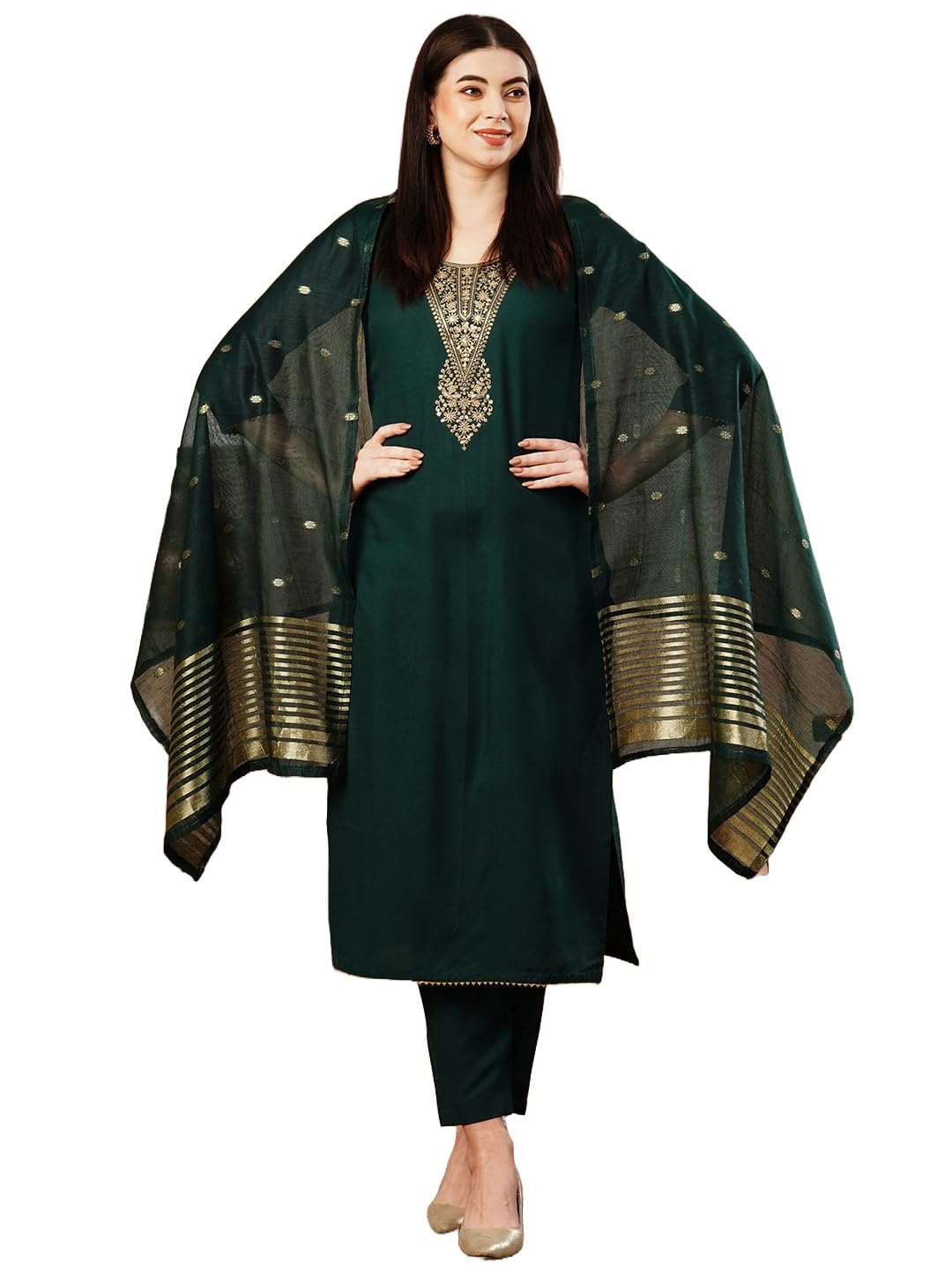 Anni Designer Women'S Cotton Blend Straight Embroidered Kurta With Pant & Dupatta (Kanimoj Green_L_Green_Large),Green,L