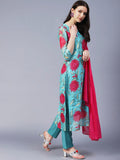 Anni Designer Women'S Cotton Blend Floral Straight Kurta With Pant & Dupatta (Madhya_Turquoise_X-Large),Turquoise,XL,,,