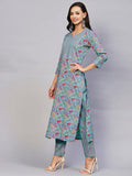 Anni Designer Women'S Cotton Blend Printed Straight Kurta With Pant (Nand Blue_S_Blue_Small),Blue,S,Cotton Blend,Regular,Pants