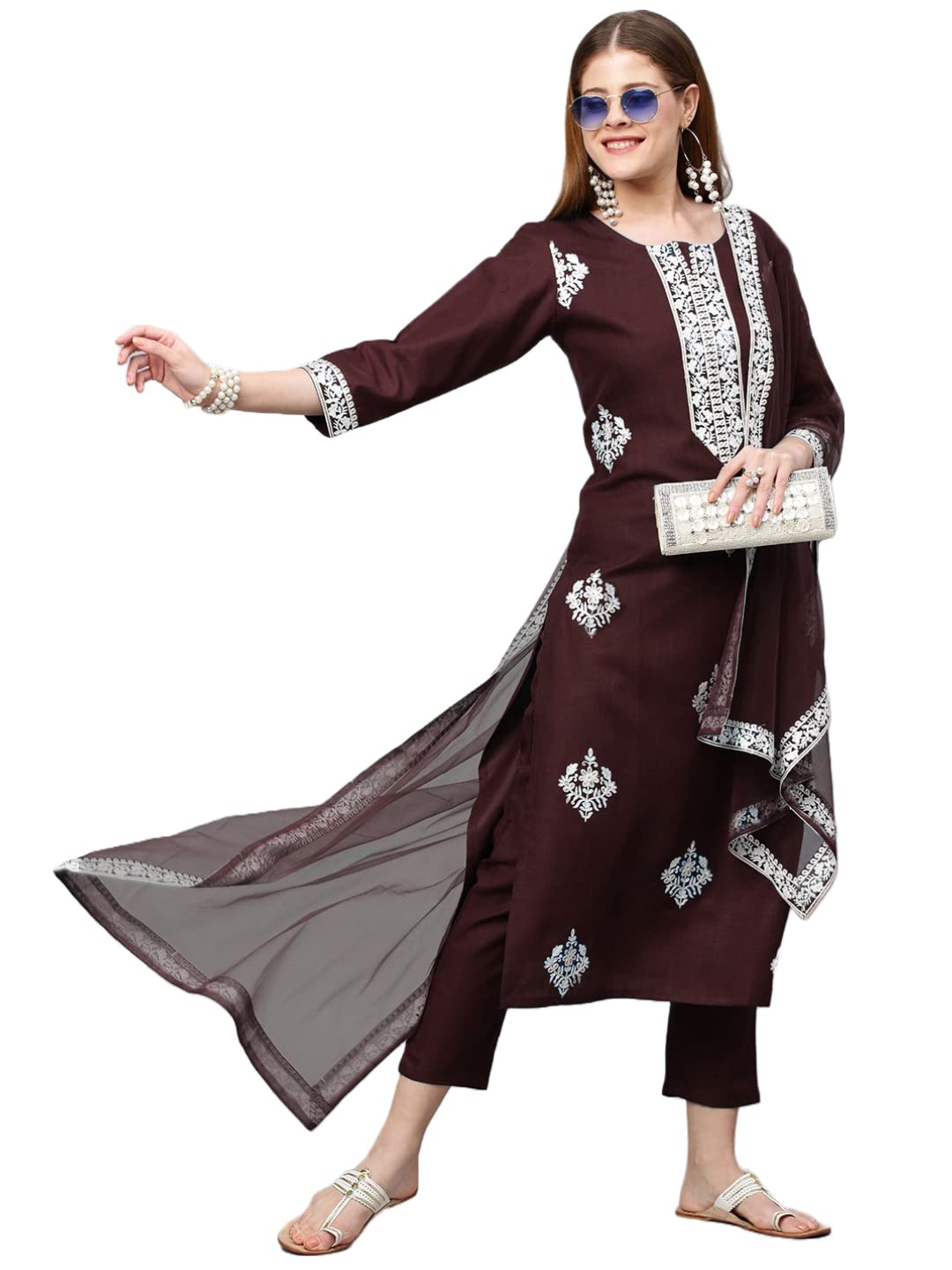 Gosriki Women'S Cotton Blend Straight Embroidered Kurta With Pant & Dupatta (Weekend Wine_New_Xxl-Go_Wine_Xx-Large),Wine,2,B0B4G36R3C