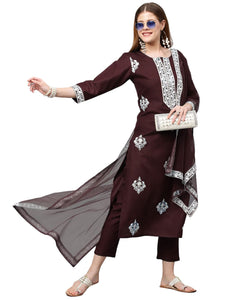 Gosriki Women'S Cotton Blend Straight Embroidered Kurta With Pant & Dupatta (Weekend Wine_New_Xxl-Go_Wine_Xx-Large),Wine,2,B0B4G36R3C