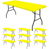 10 Pack Fitted Tablecloth for 8 Foot Rectangle Tables, Yellow Elastic Outdoor Picnic Table Cover, Washable Stretch Folding Table