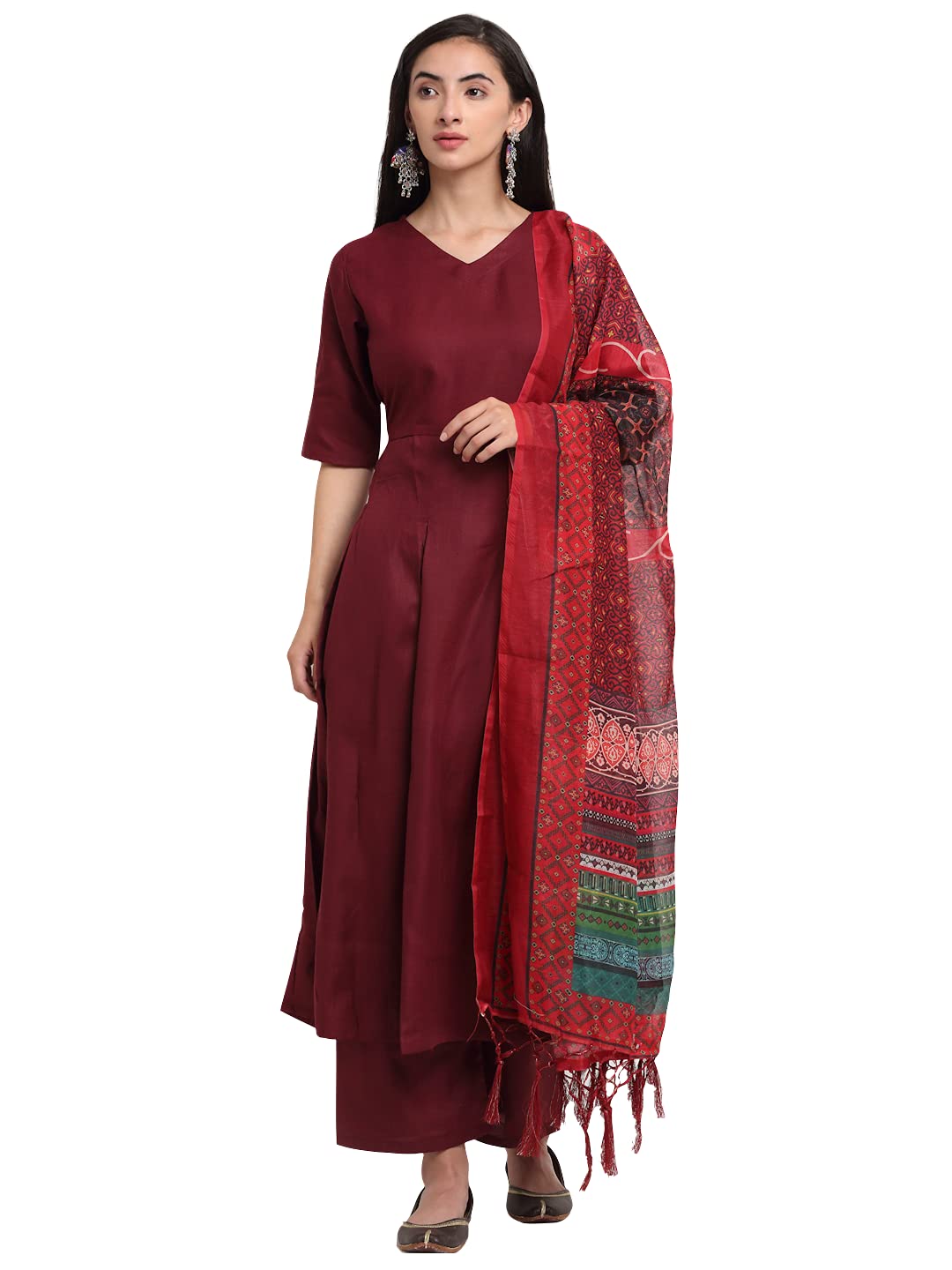 Anni Designer Women'S Cotton Anarkali Kurta With Pant & Dupatta (Rani Maroon_S_Maroon_Small),Maroon,S