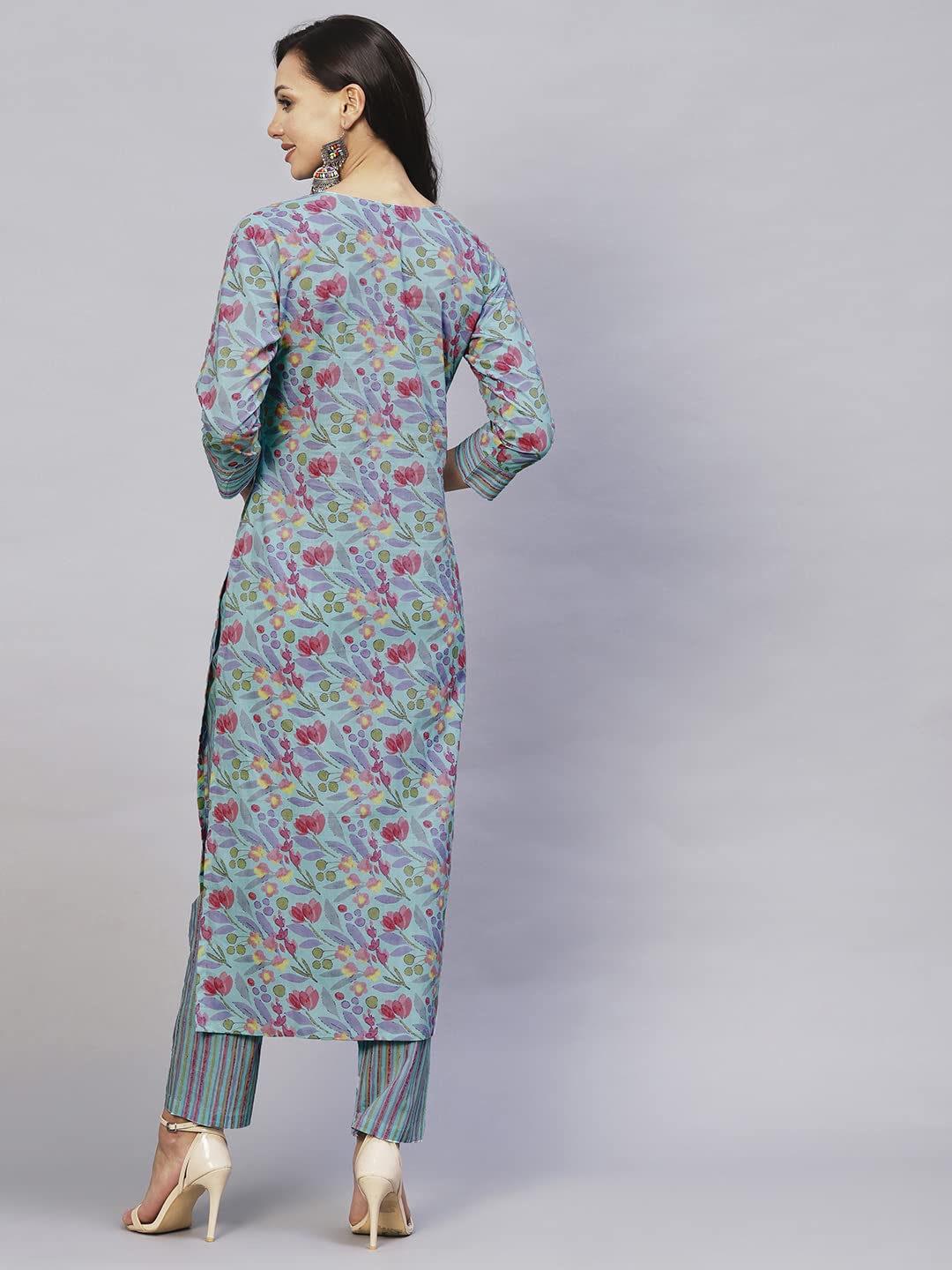 Anni Designer Women'S Cotton Blend Printed Straight Kurta With Pant (Nand Blue_S_Blue_Small),Blue,S,Cotton Blend,Regular,Pants