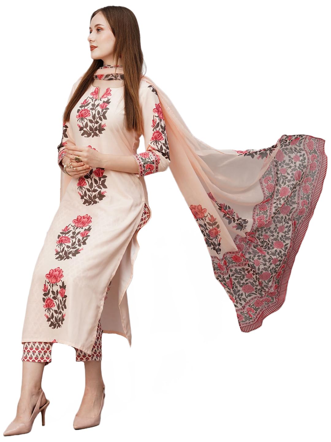 Anni Designer Women'S Rayon Blend Straight Printed Kurta With Pant & Dupatta (Actual-Cream-Nw_Xxl_Cream_Xx-Large),Cream,2XL