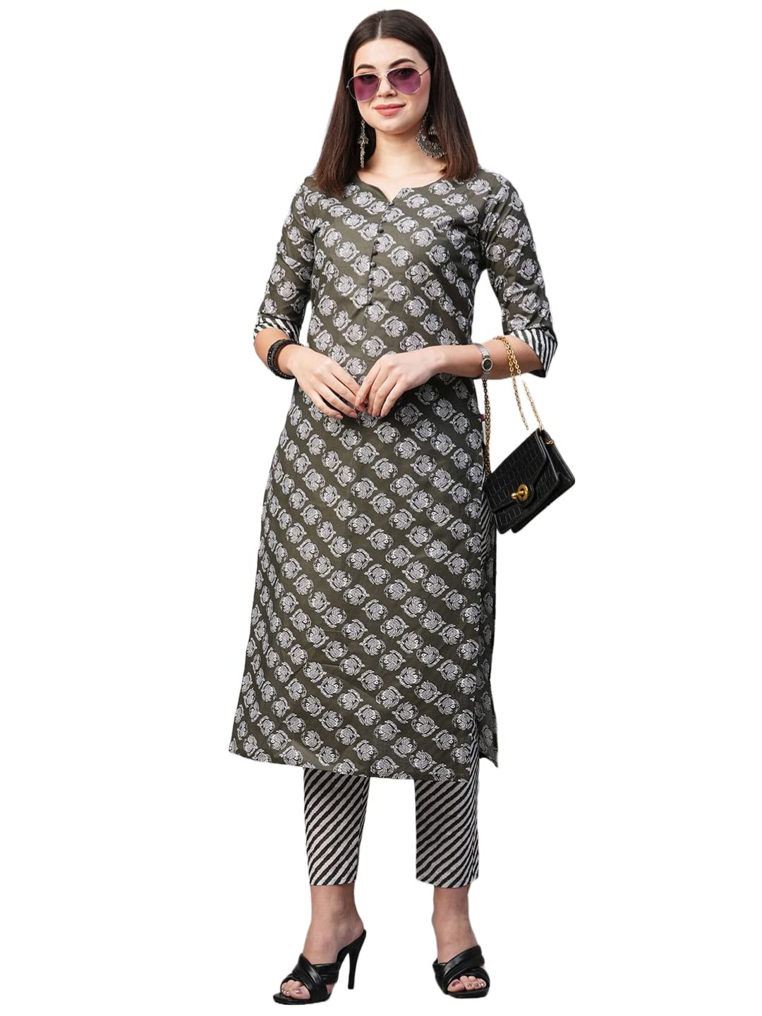 Anni Designer Women'S Cotton Blend Printed Straight Kurta With Pant (Funnu Dark Green_4Xl_Dark Green_Xxxx-Large),Dark Green,4XL