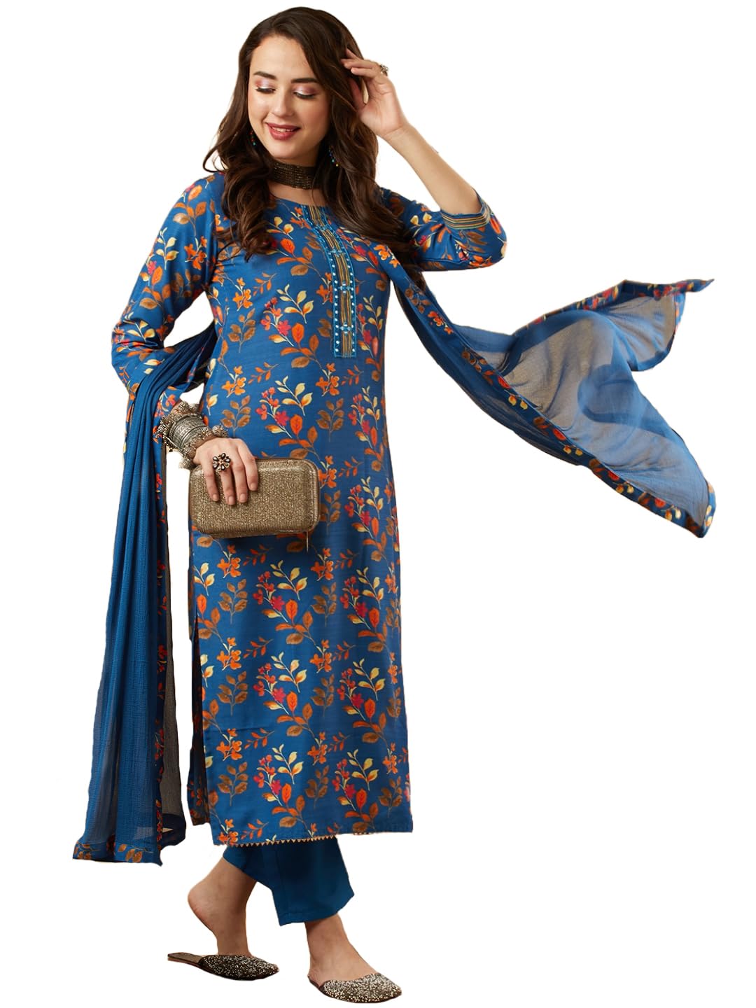 Anni Designer Women'S Cotton Blend Printed Straight Kurta And Pant With Dupatta Set (Kaleping-Kerosin-Nw_M_Dark Blue_Medium),Dark Blue,M
