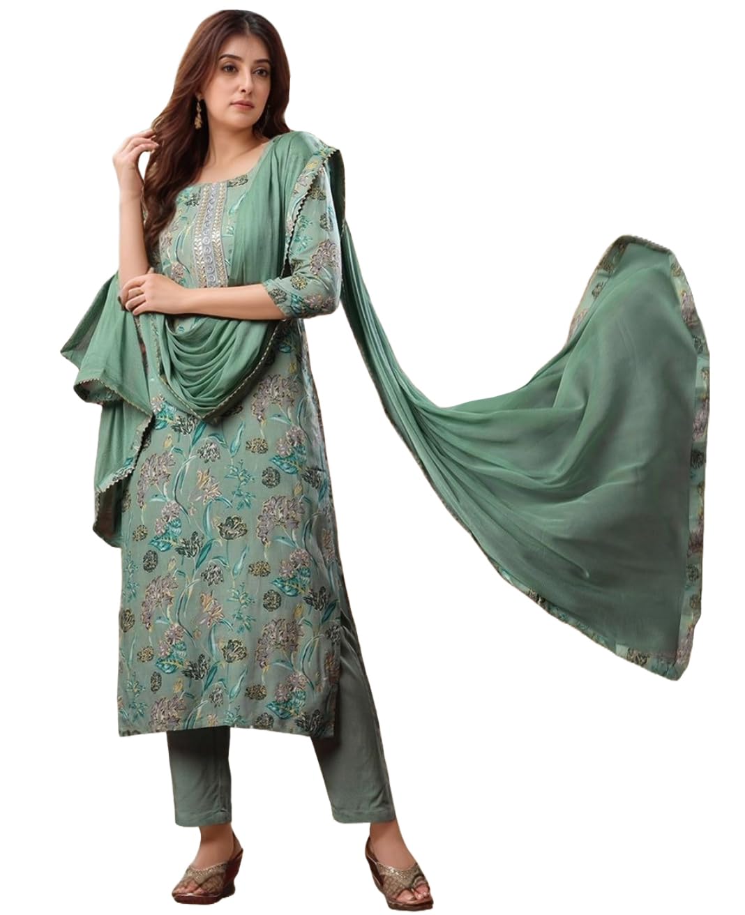 Anni Designer Women'S Rayon Viscose Straight Printed Kurta With Pant & Dupatta (Vice Green-Vks04_M_Green_Medium),Green,M,,,