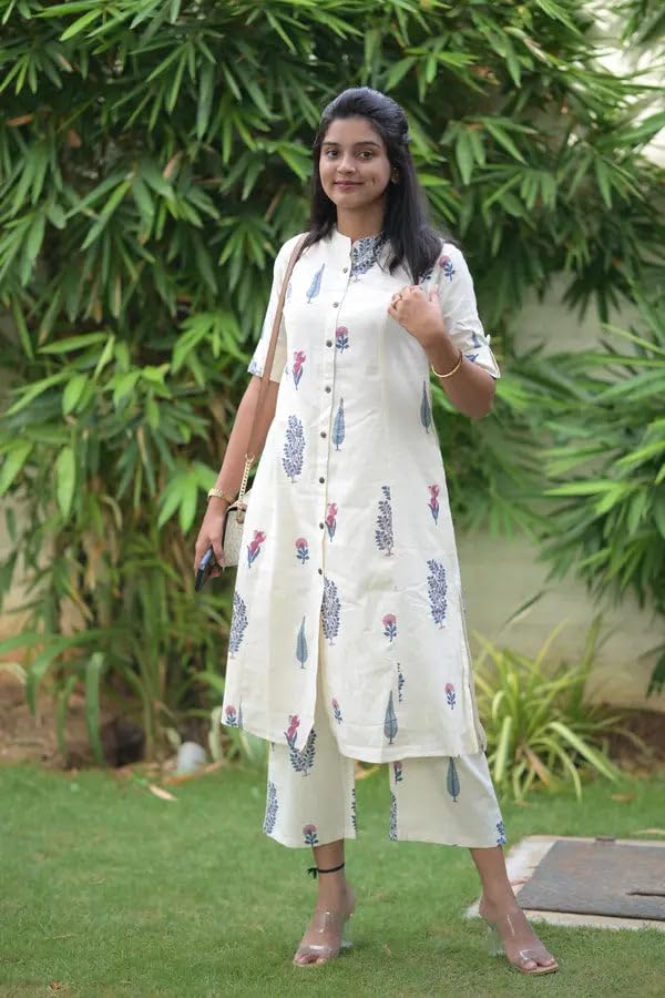 Anni Designer Women'S Rayon Viscose Straight Printed Kurta With Pant (Barkat Cream_S_Cream_Small),Cream,S,Rayon,Regular,